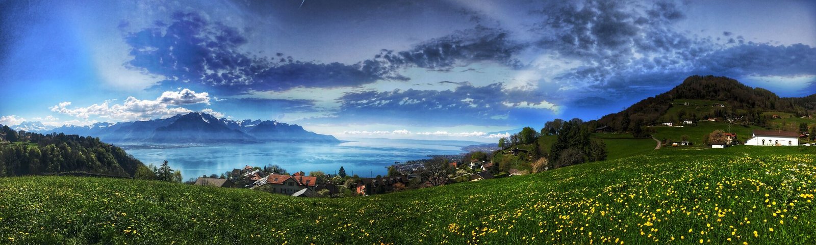 Swiss countryside overlooking Lake Geneva and the Alps